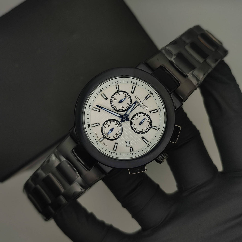 Master Grade Chronograph Watch – Men's White Dial Black Chrono Wristwatch