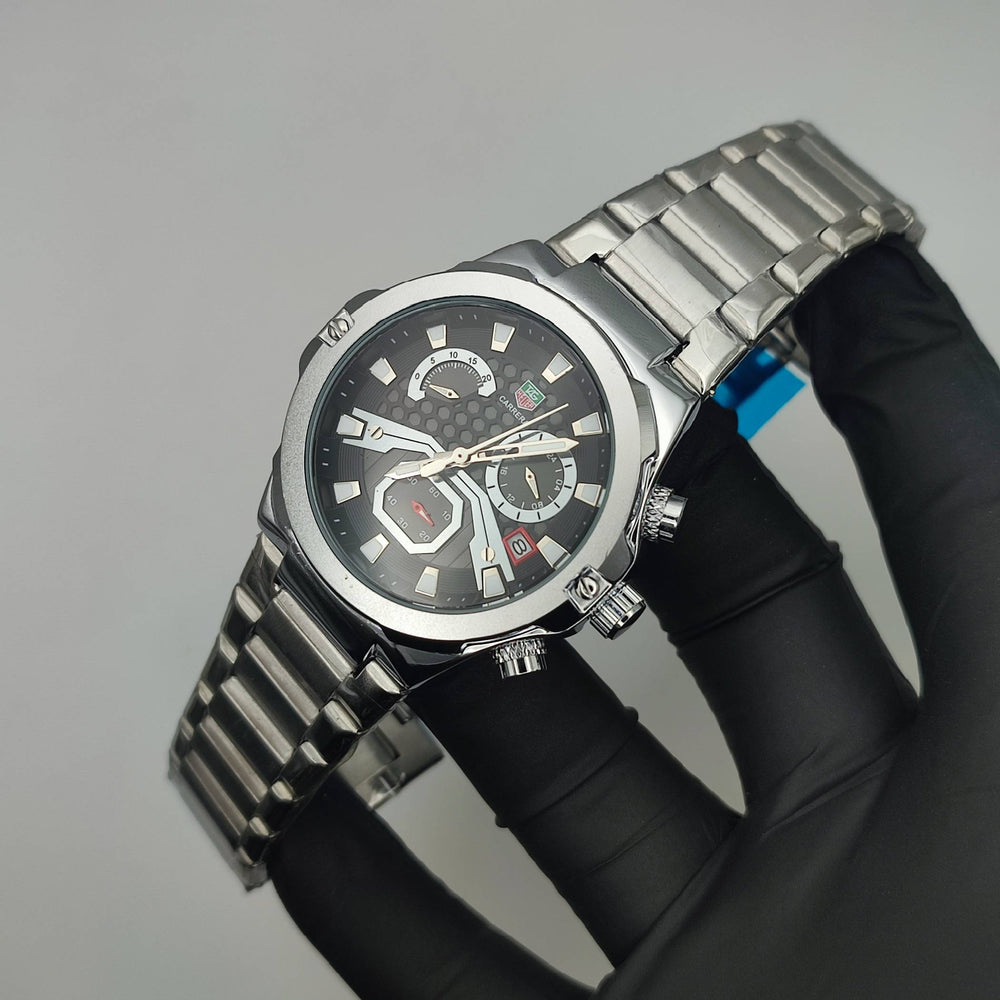 Men's Chronograph Watch – Silver & Black | Business Casual Quartz Wristwatch with Date Display