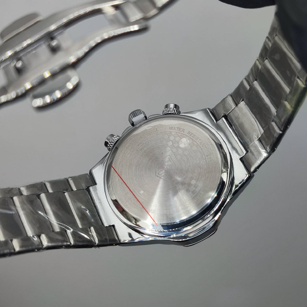 Men's Chronograph Watch – Silver & Green | Business Casual Quartz Wristwatch with Date Display