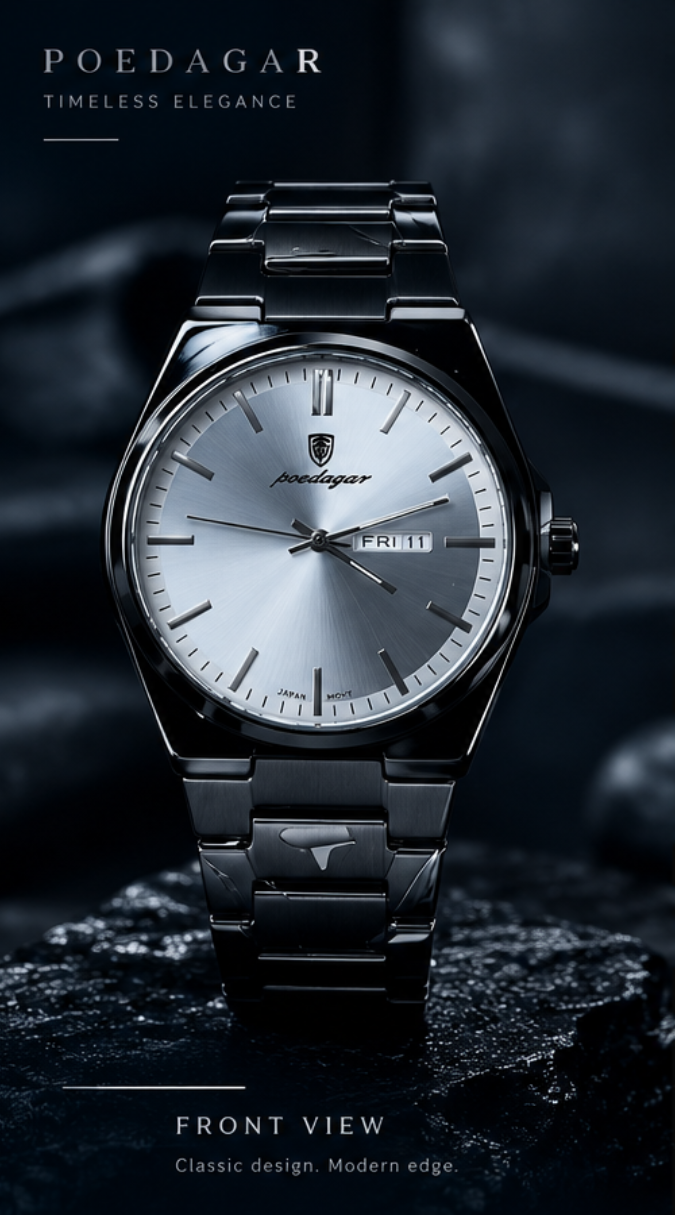 Poedagar Men's Black Stainless Steel Day-Date Watch – Silver Sunburst Dial