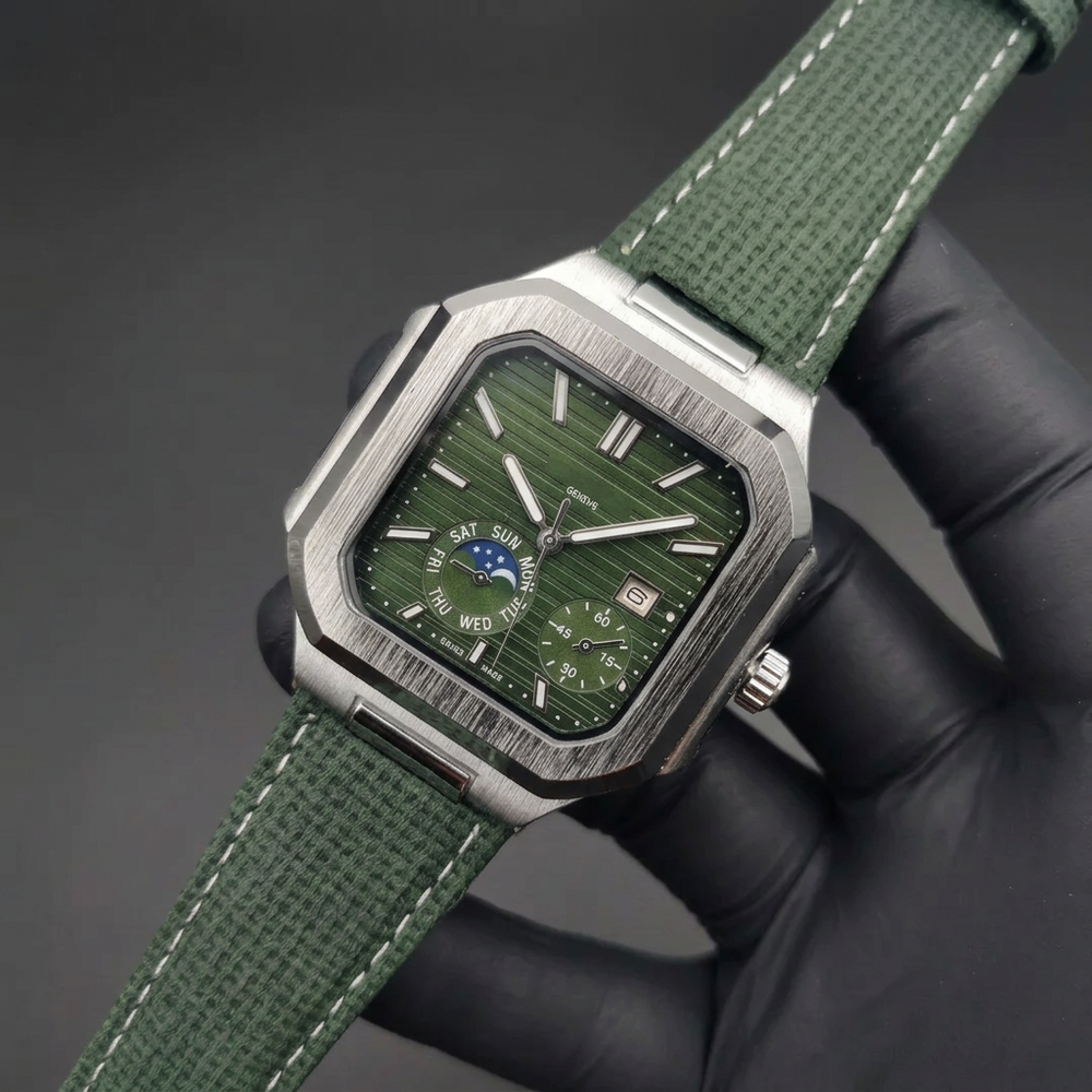 Platinum Moon Phase Watch – Men's Army Green Dial Wristwatch (40mm)