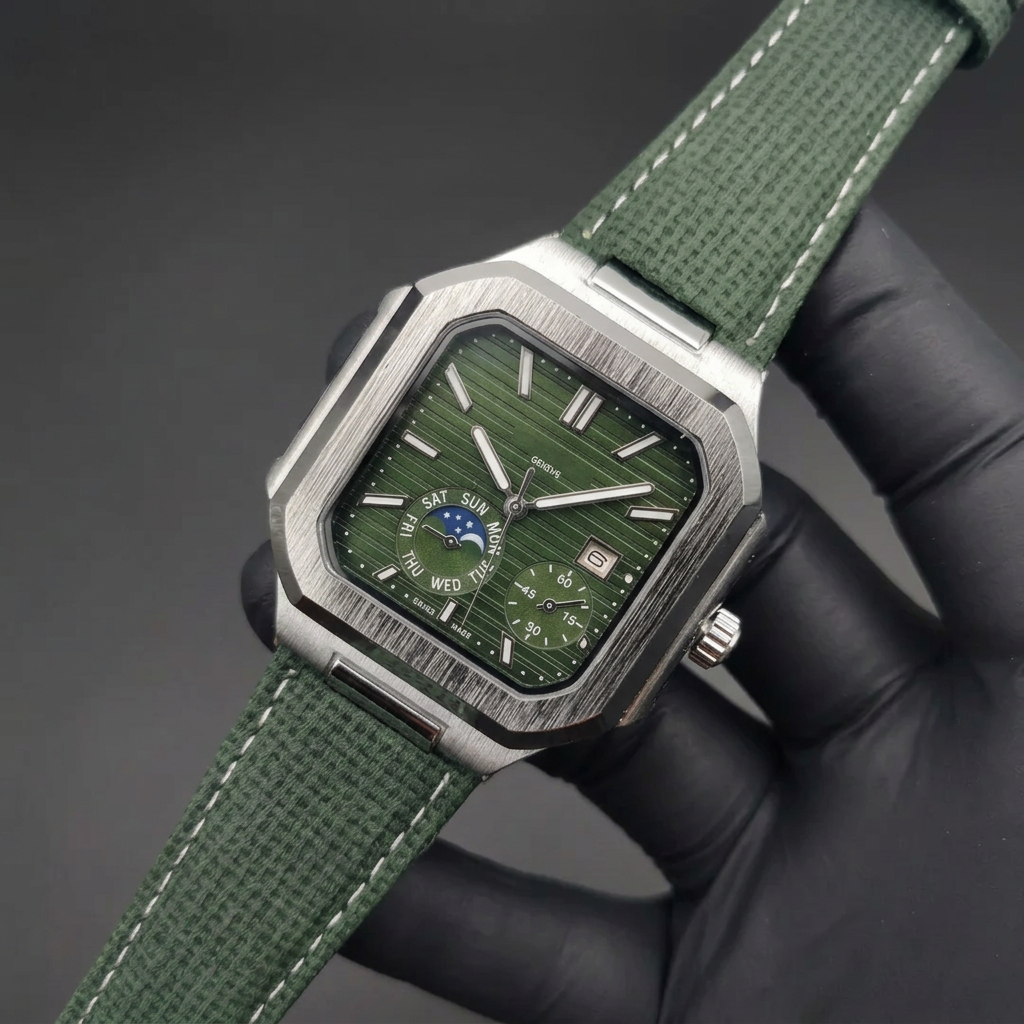 Platinum Moon Phase Watch – Men's Army Green Dial Wristwatch (40mm)