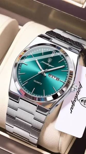 Poedagar Men's Silver Stainless Steel Day-Date Watch – Green